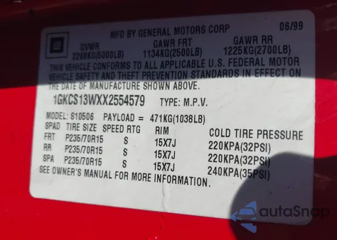 1999 GMC Jimmy Sle z USA, uszkodzony, nr VIN 1GKCS13WXX2554579